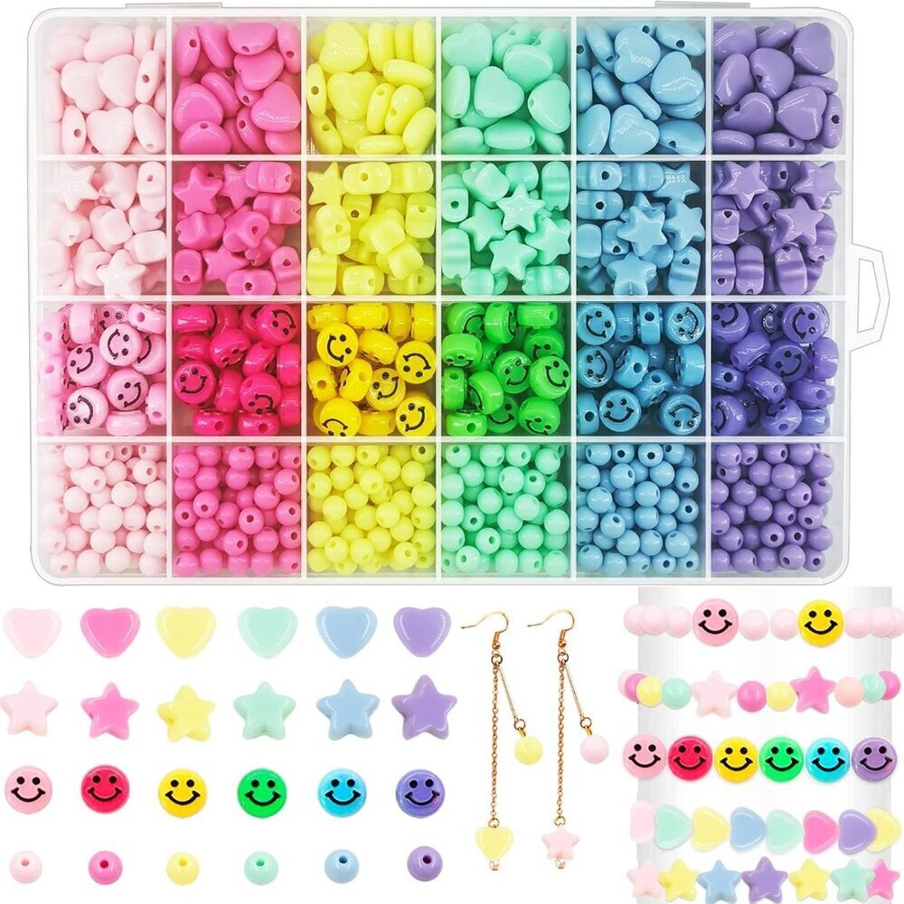 900Pcs Candy Color Acrylic Heart Beads Star Beads Happy Face Bead Assorted Plast
